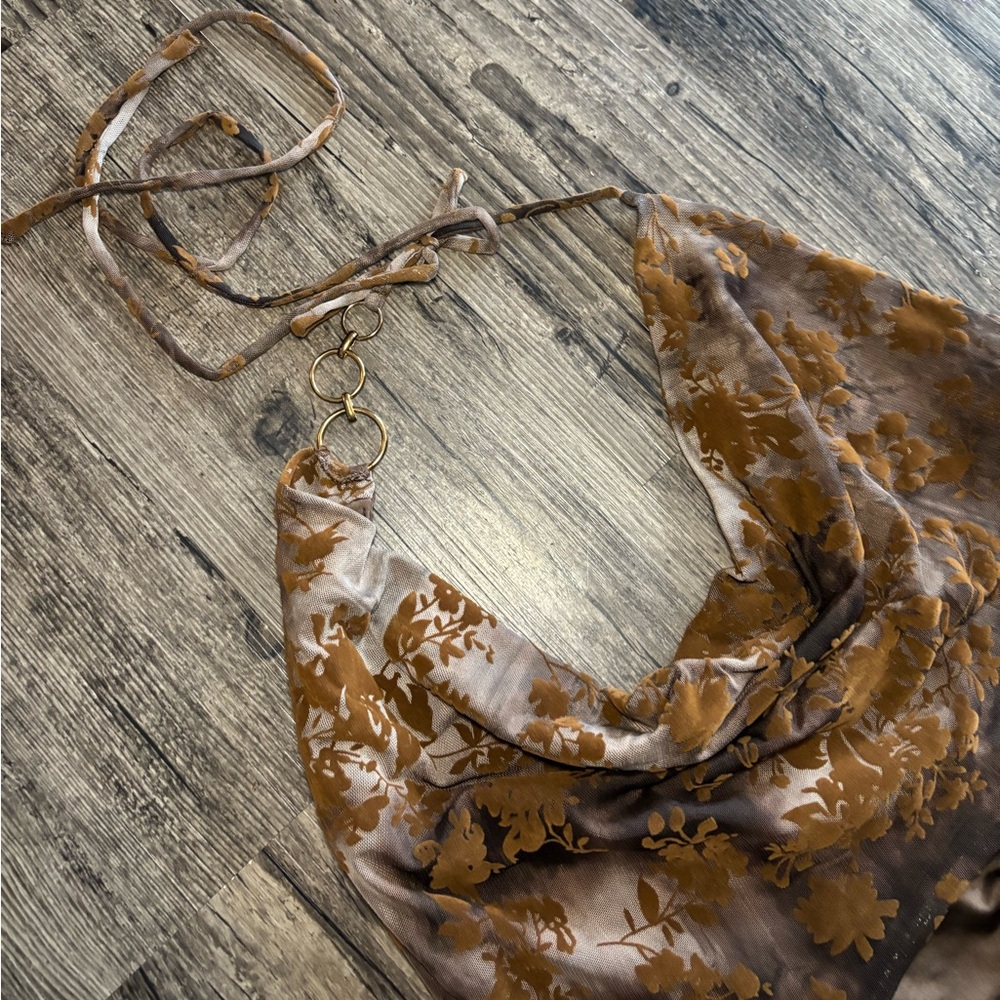 Y2k Style Windsor Brown Floral Burnout Pattern Cowl Halter Top Cutout Mini Dress - Picture 6 of 16